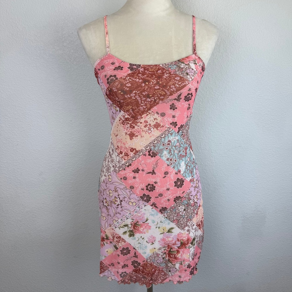 NWT Patchwork Floral Y2K Boho Mini Dress Pink Brown Ruffle Bodycon Lined Dress